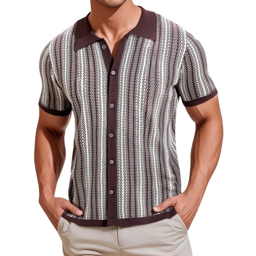 Striped Knitted Summer Short Sleeves Jacquard Polo Shirt Light Brown